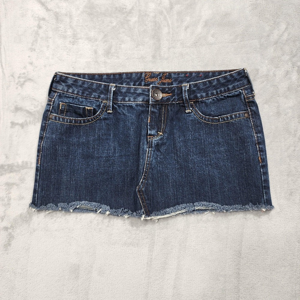 Vintage GUESS Skirt Womens 28 Blue Denim Jean Low Rise Mini Frayed Hem 5 Pocket